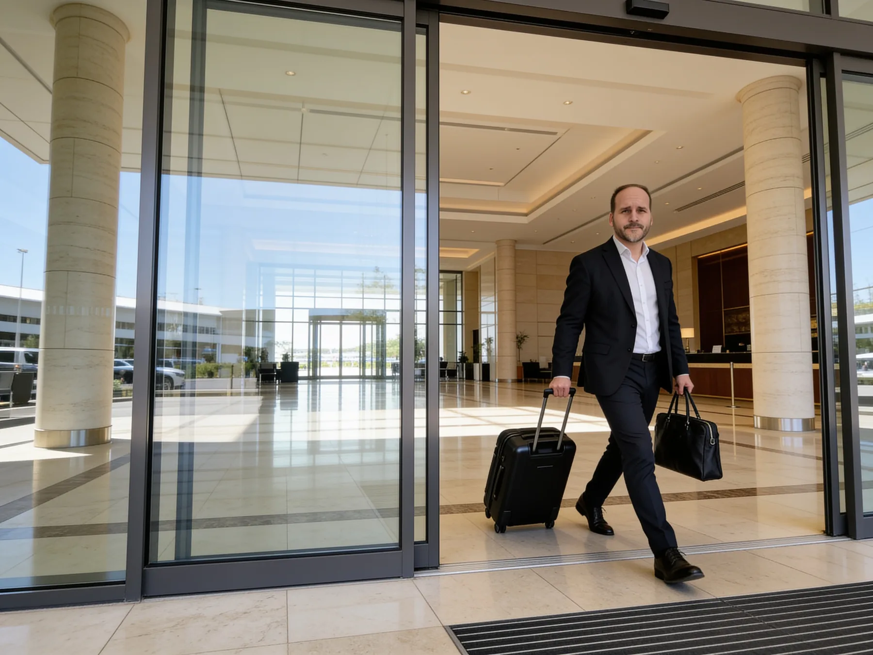 Mat&iacute;as Clarke ingresando al lobby de un hotel